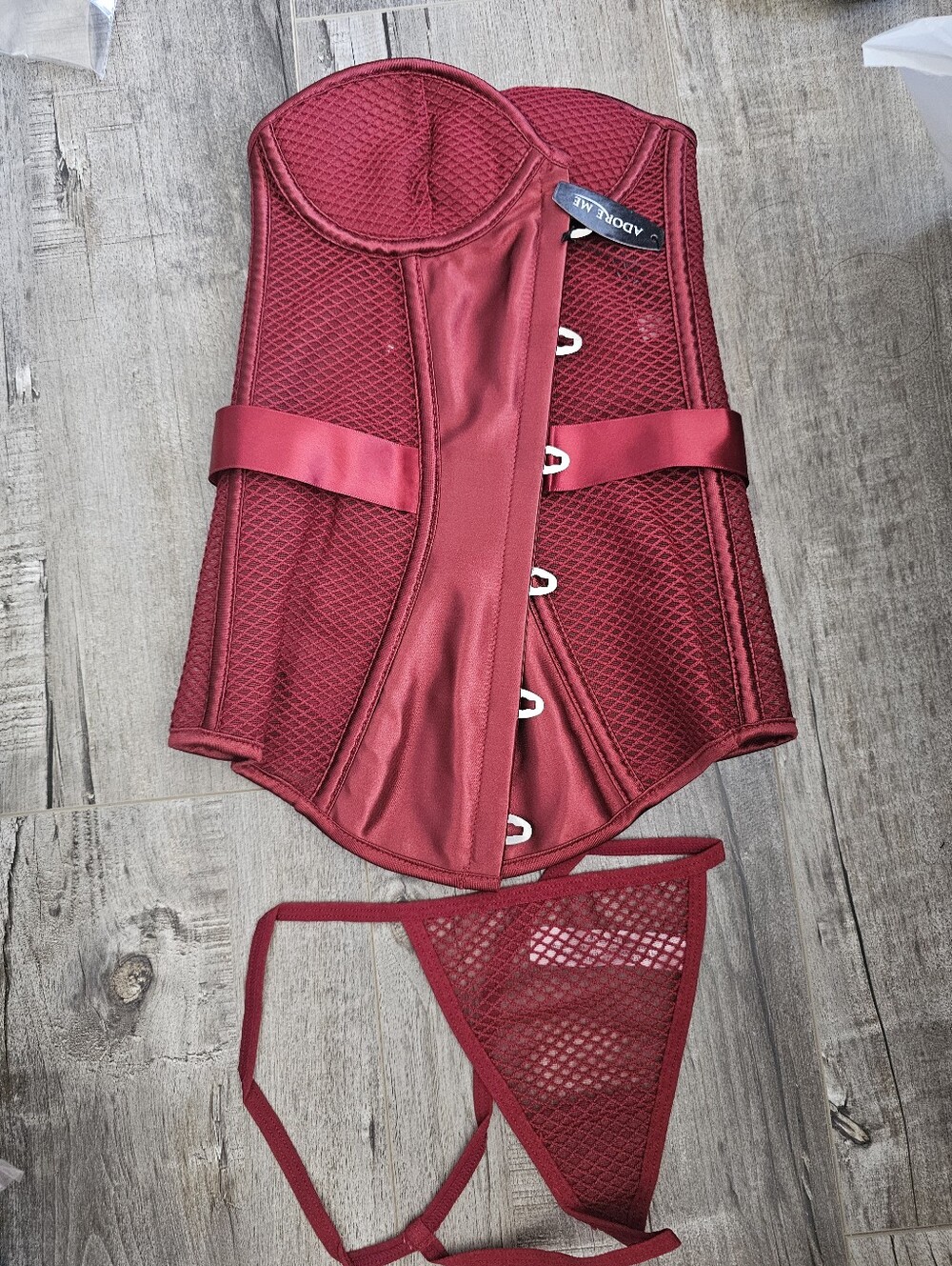 Adore Me Ravia Contour XS Strapless Satin Corset Bustier Set in Wine Thong BNWT